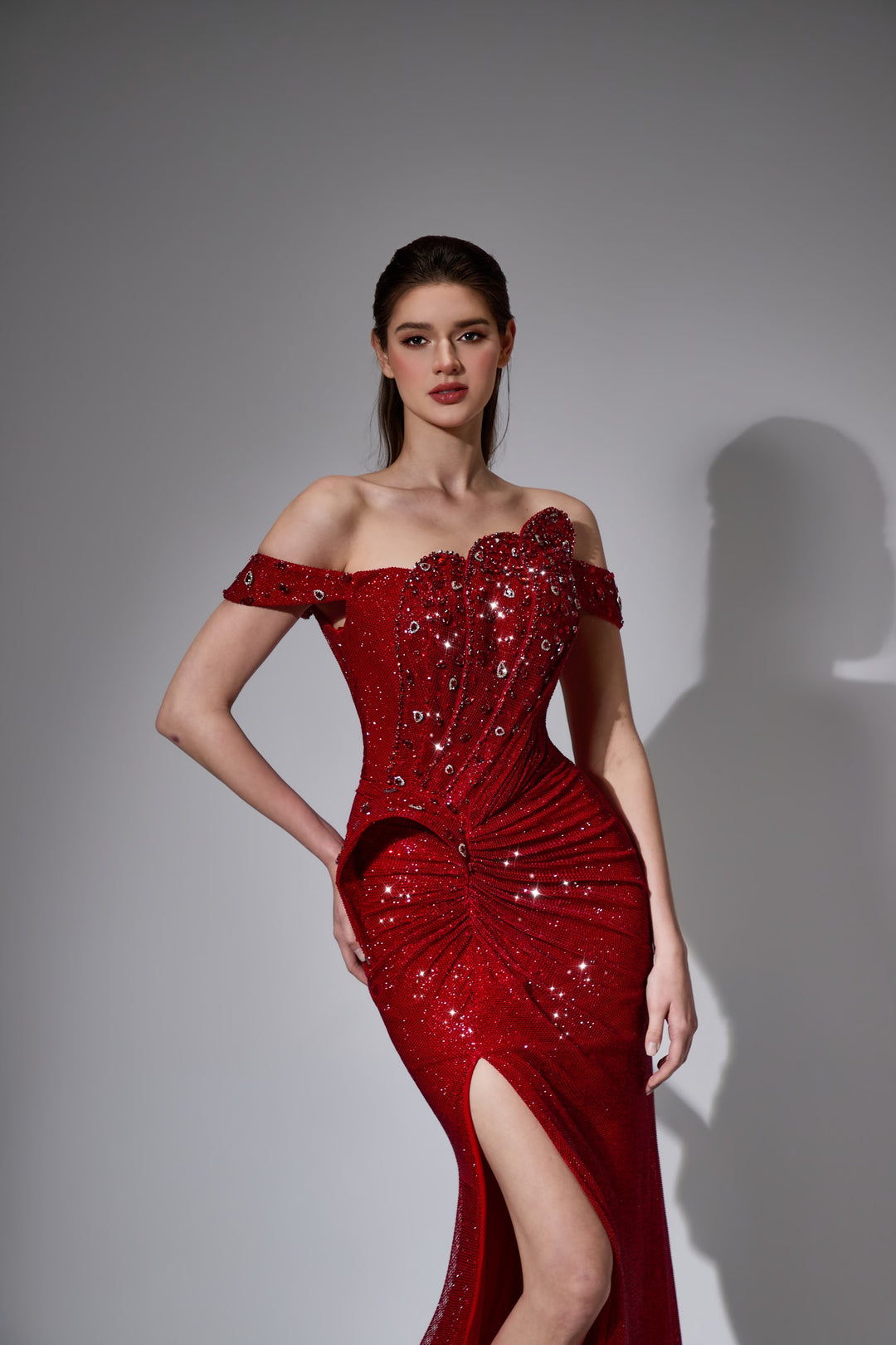 Delilah LD21181 Off-the-Shoulder Sequin Ruched Mermaid Gown with High Slit - Red close-up view