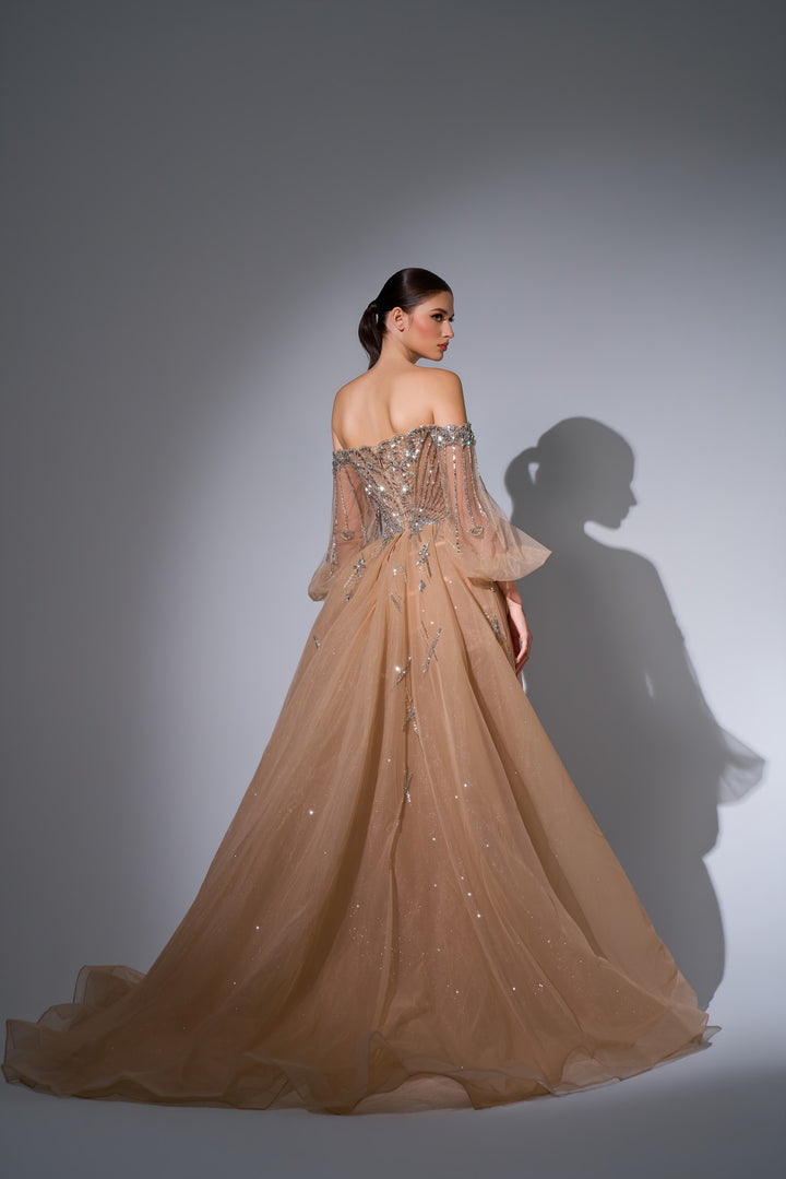 Delilah LD11622 Off-the-Shoulder Puff Sleeve Lattice Beaded Mermaid Gown with Tulle Overskirt - Champagne back view