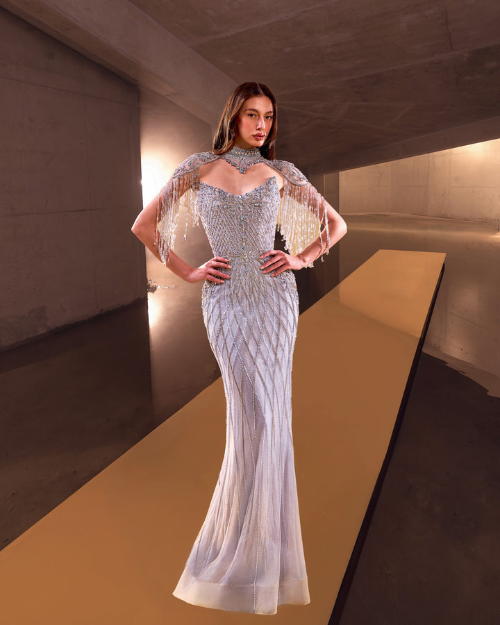 Delilah LD11692 High Neck Crystal Fringe Capelet Lattice Mermaid Gown - Blue front view