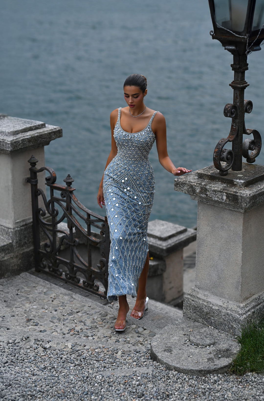 Delilah SH11590 Mirror Crystal Embellished Column Gown with Wide Straps - Blue front view