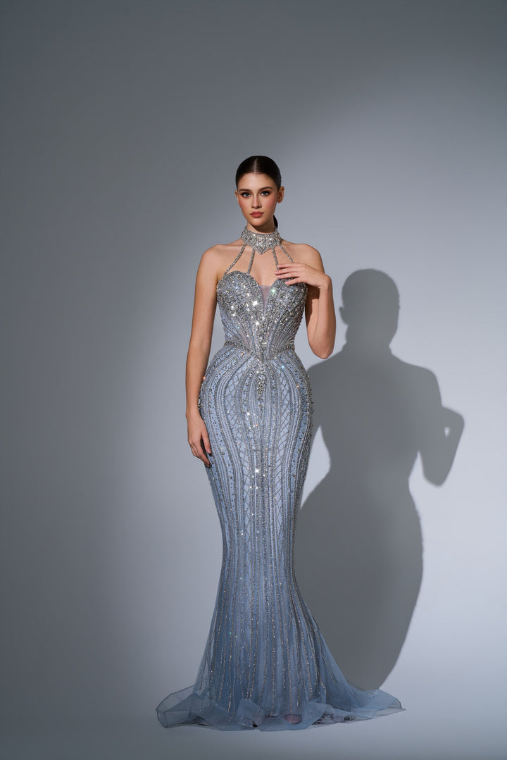 Delilah LD12027 Crystal Choker Halter Plunging Mermaid Gown with Tulle Overskirt - Grey front view