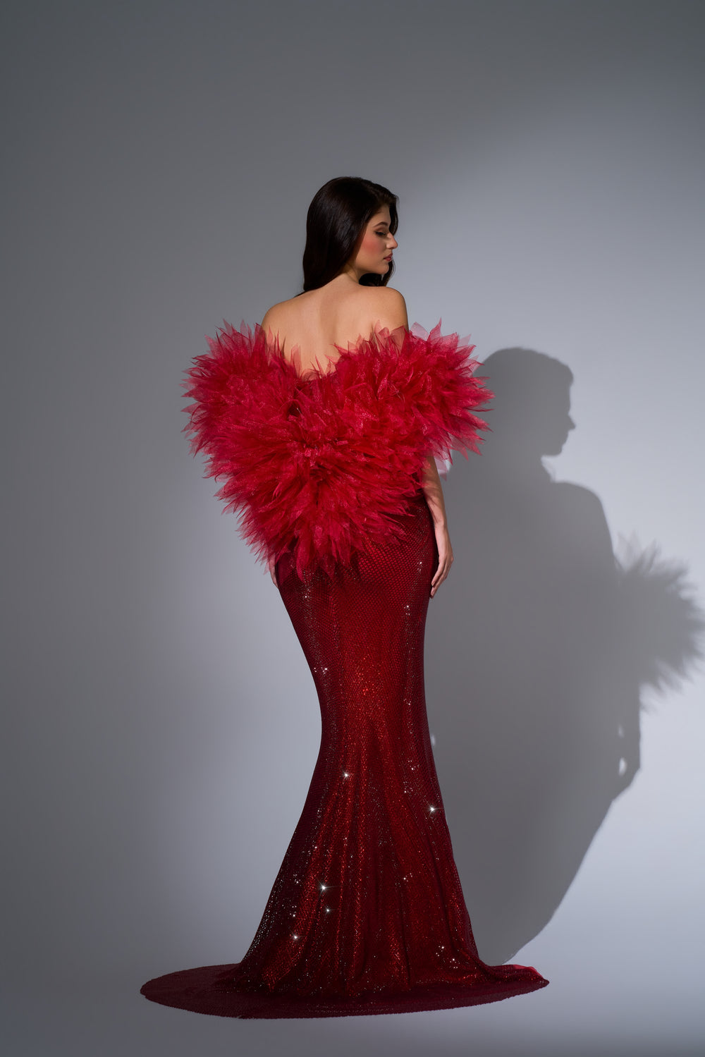 Delilah LD12101 Strapless Crystal Embroidered Mermaid Gown with Feather Arm Wrap - Red back view