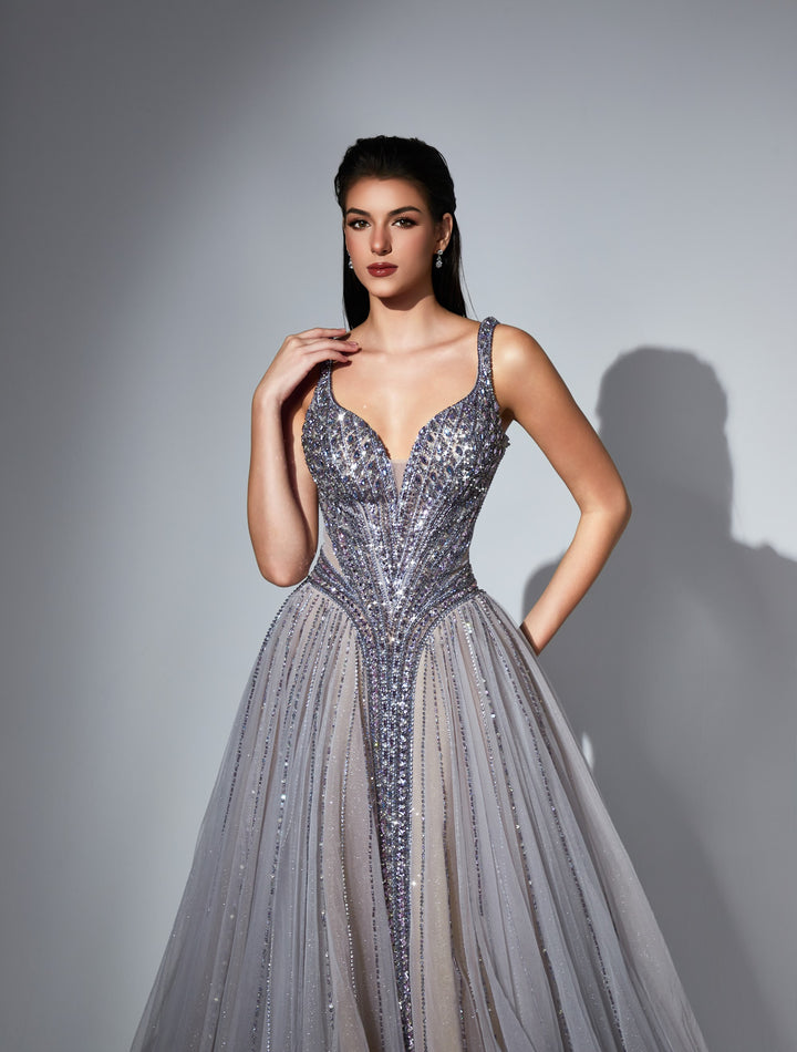 Delilah LD11533 Plunging V Crystal Corset Ball Gown with Tulle Skirt - Purple close-up view