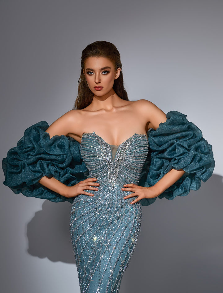 Delilah LD11466 Strapless Plunging Sweetheart Crystal Lattice Mermaid Gown with Ruffled Arm Puffs - Sage close-up view