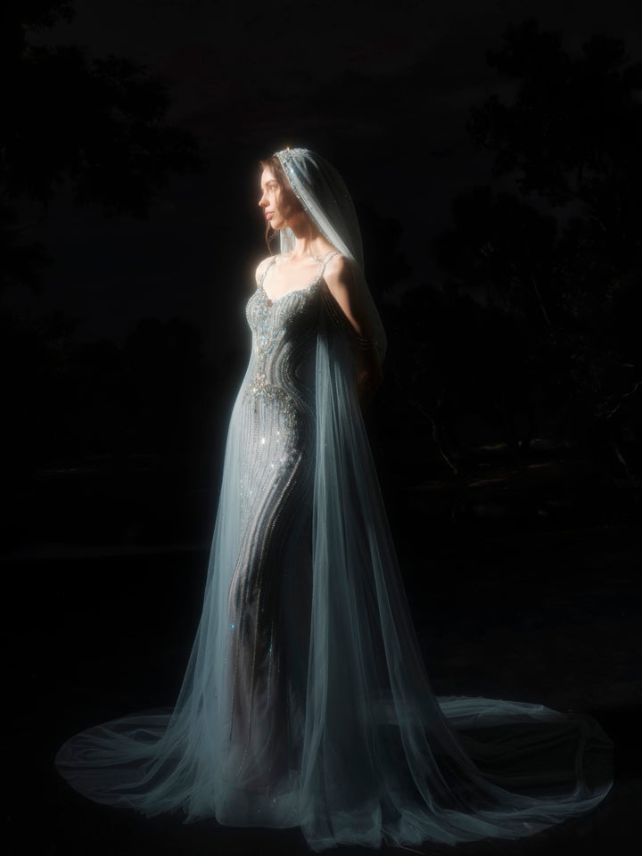 Delilah SH12078 Spaghetti Strap Crystal Beaded Mermaid Gown with Sheer Tulle Cape - G.Blue side view