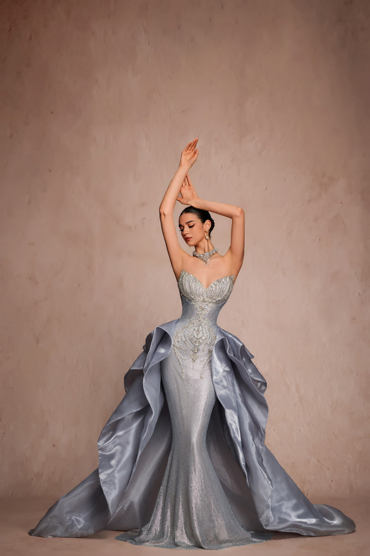 Delilah LD12102 Strapless Crystal Corset Mermaid Gown with Draped Satin Overskirt - Grey front view