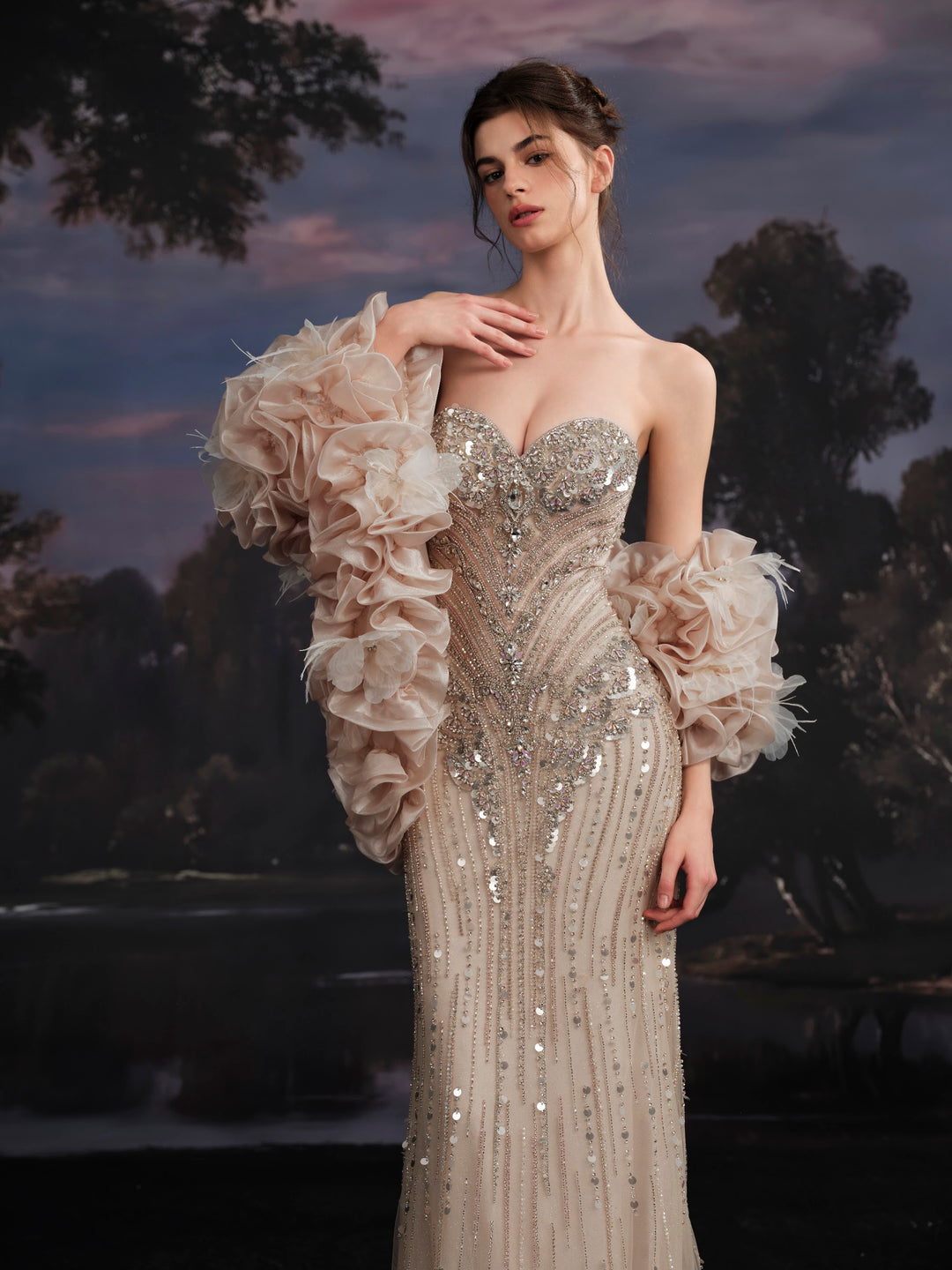 Delilah SH12061 Strapless Crystal Corset Mermaid Gown with Ruffled Feather Arm Wrap - Champagne close-up view