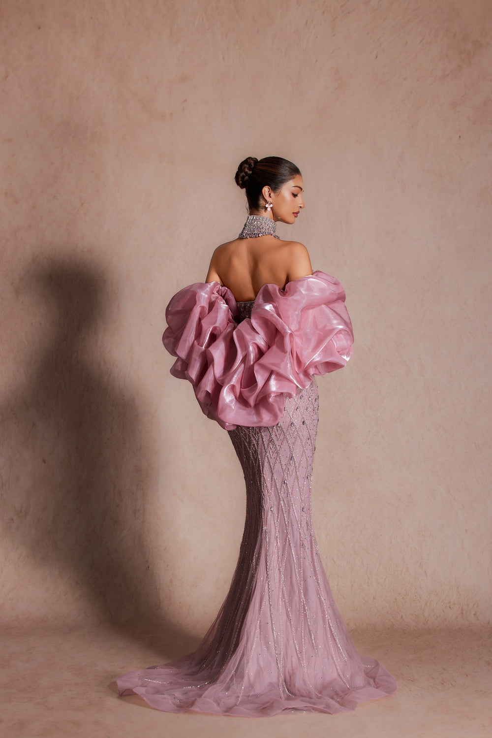 Delilah LD11689 Strapless Plunging Crystal Lattice Mermaid Gown with Puff Sleeves - Pink back view