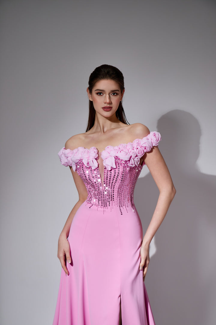 Delilah LD41020 Off-the-Shoulder Ruffle Beaded Corset Mermaid Gown with Slit - Pink close-up view