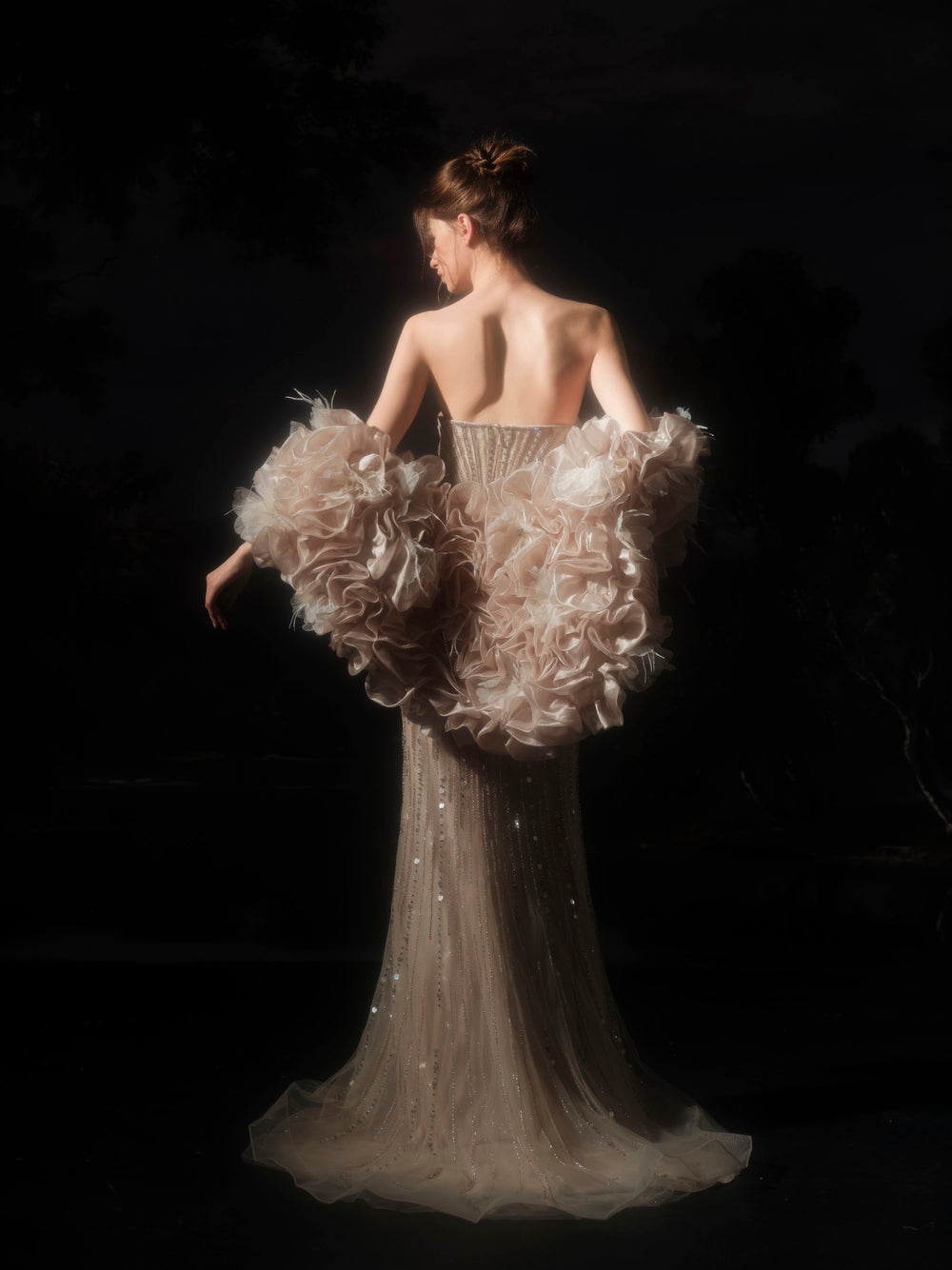 Delilah SH12061 Strapless Crystal Corset Mermaid Gown with Ruffled Feather Arm Wrap - Champagne back view