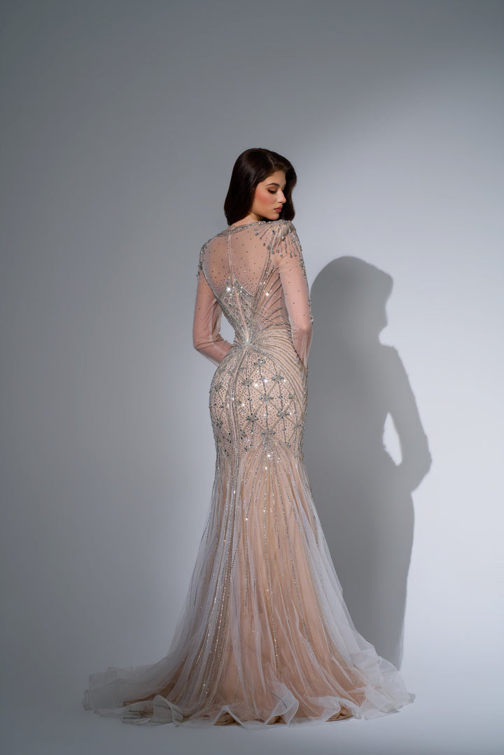 Delilah LD11592 Illusion High Neck Long Sleeve Sunburst Beaded Mermaid Gown - White back view