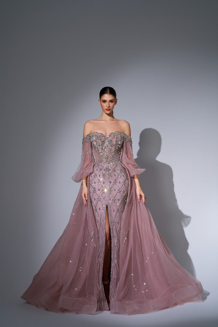 Delilah LD11622 Off-the-Shoulder Puff Sleeve Lattice Beaded Mermaid Gown with Tulle Overskirt - Pink front view
