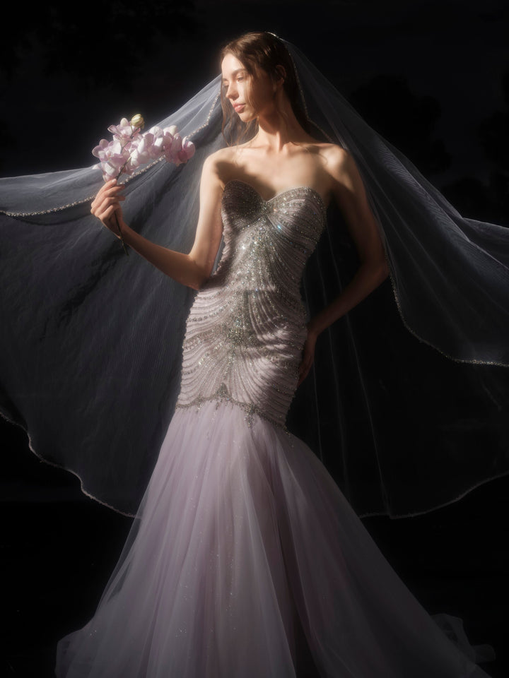 Delilah SH12065 Strapless Draped Crystal Chain Mermaid Gown with Tulle Skirt - Lavender front view