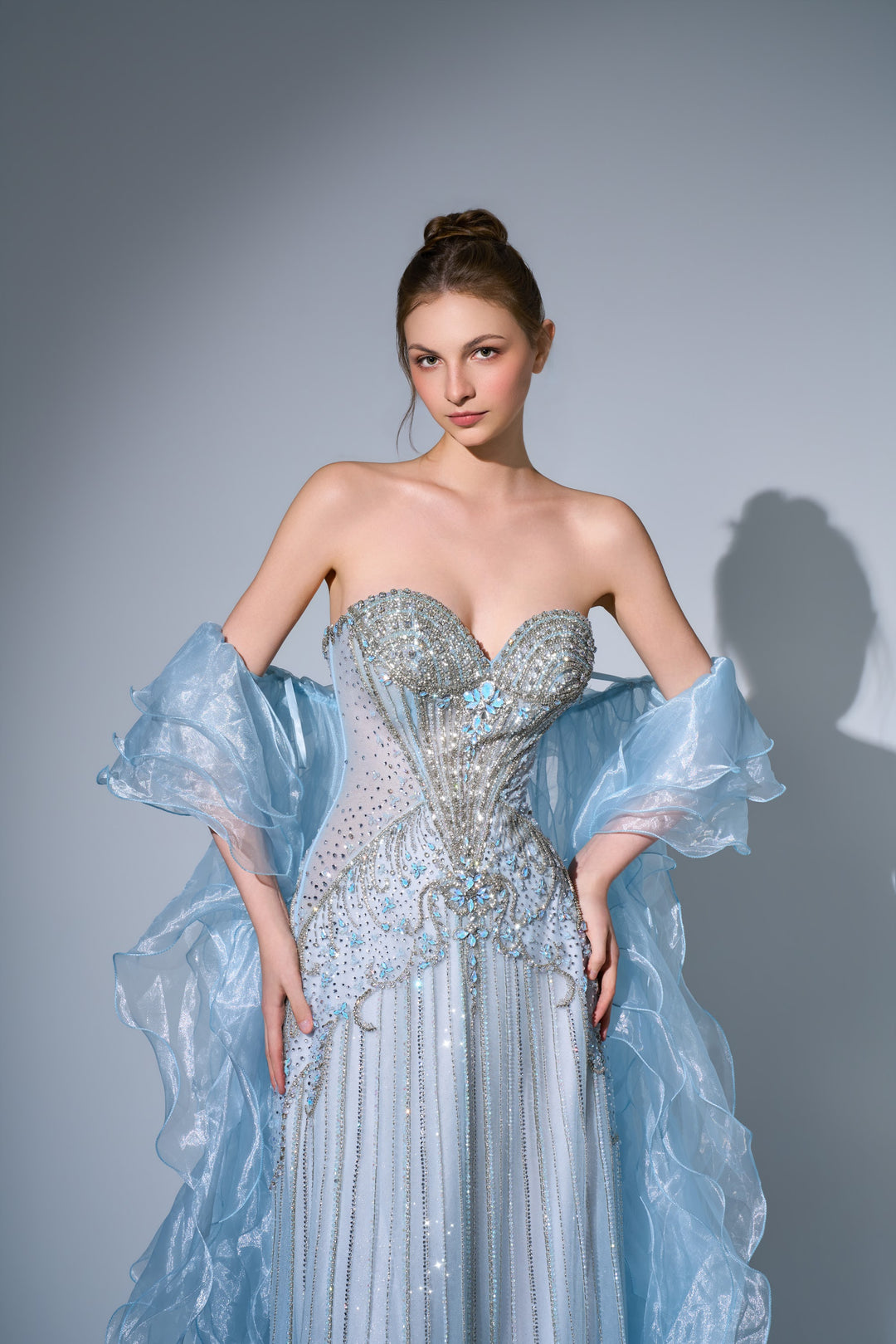 Delilah SH12070 Strapless Crystal Corset Column Gown with Ruffled Organza Stole - Blue close-up view
