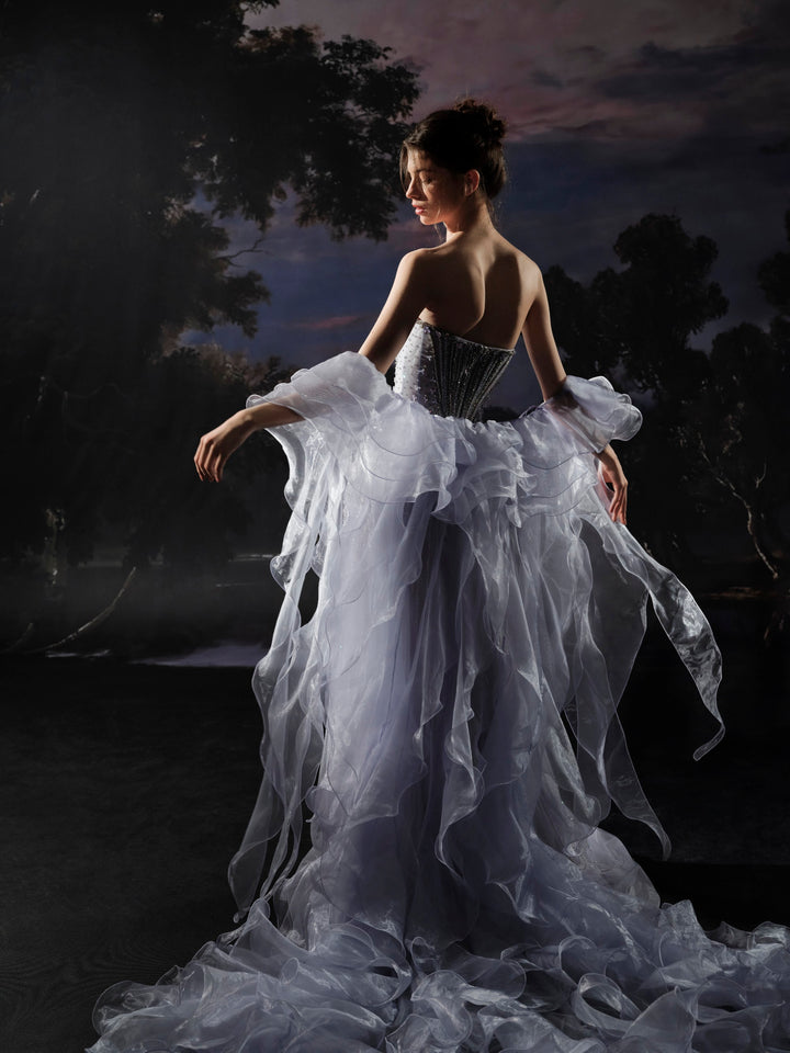 Delilah SH12070 Strapless Crystal Corset Column Gown with Ruffled Organza Stole - Purple back view