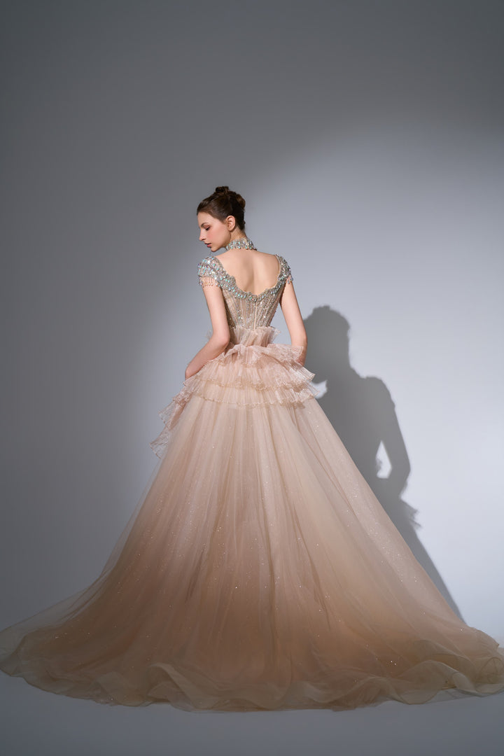 Delilah SH12057 High Neck Cap Sleeve Crystal Mermaid Gown with Ruffled Overskirt - Champagne back view