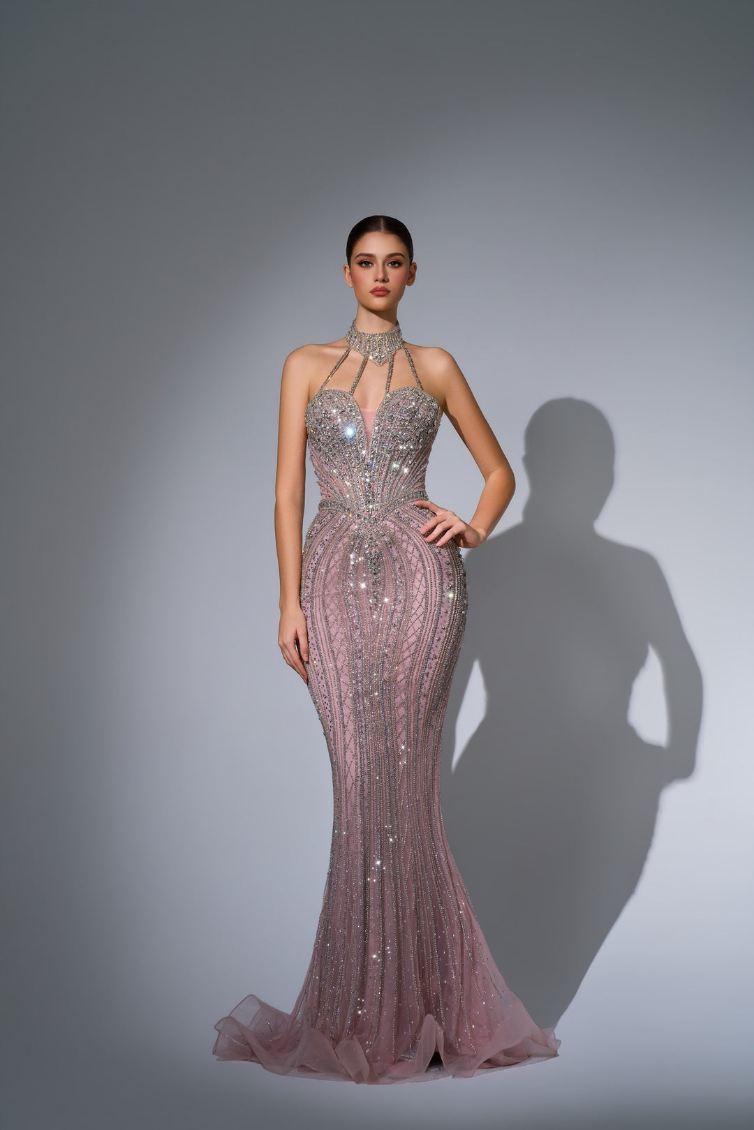 Delilah LD12027 Crystal Choker Halter Plunging Mermaid Gown with Tulle Overskirt - Pink front view