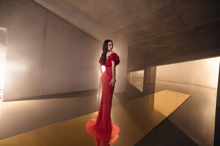 Delilah LD23025 Off-the-Shoulder Ruffle Crystal Beaded Mermaid Gown - Red front view