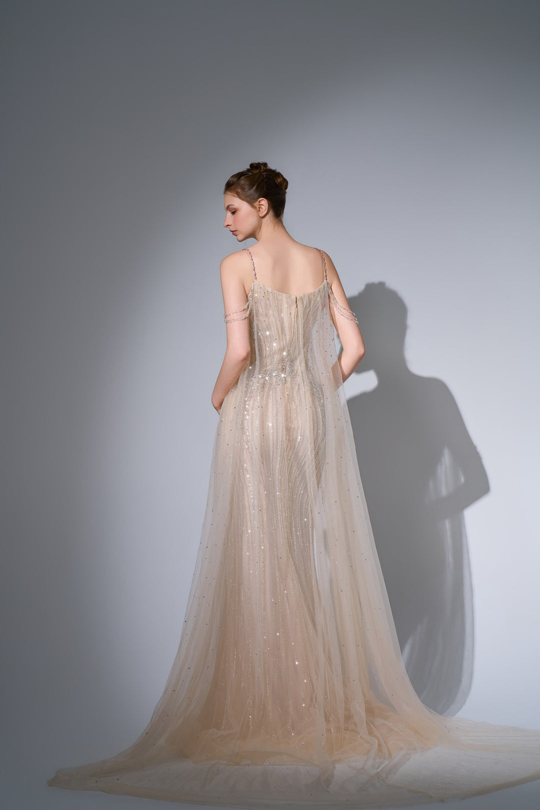 Delilah SH12078 Spaghetti Strap Crystal Beaded Mermaid Gown with Sheer Tulle Cape - Champagne back view
