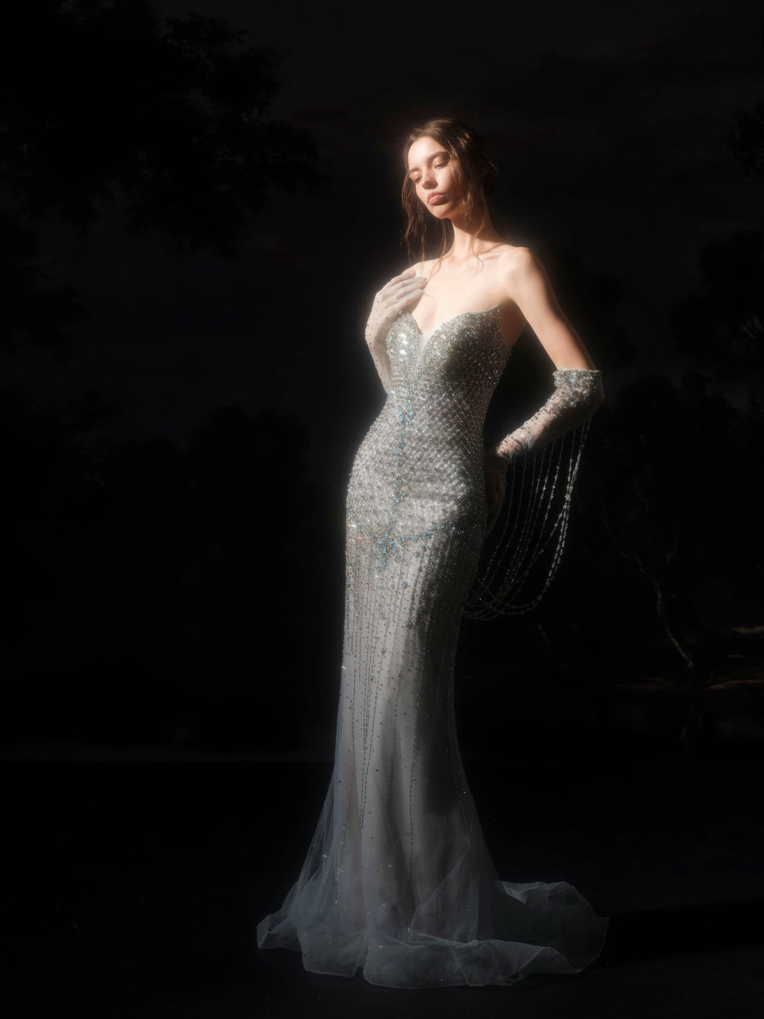 Delilah SH12075 Strapless Plunging Crystal Lattice Corset Mermaid Gown with Choker - Lilac side view