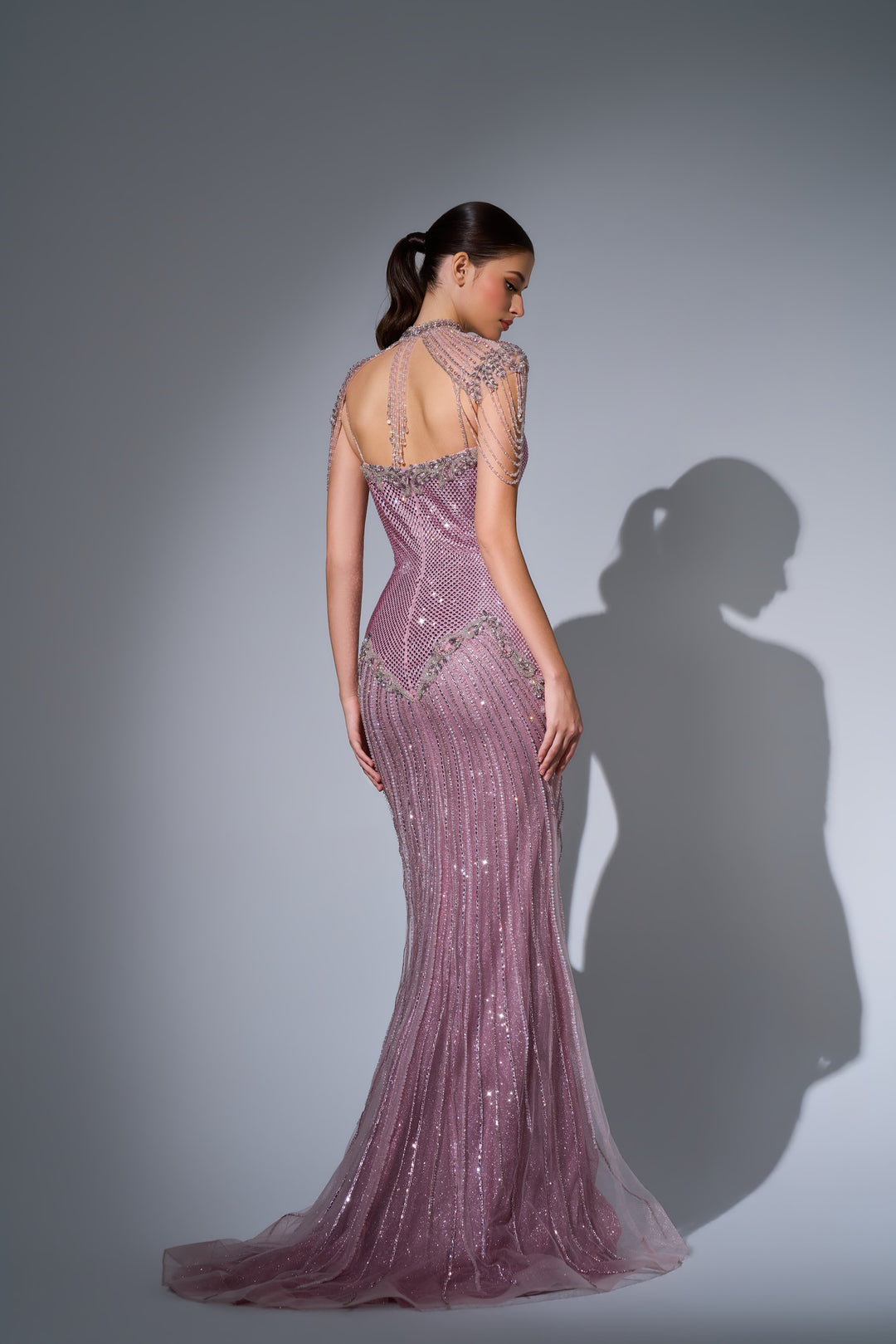 Delilah LD11681 High Neck Heart Keyhole Crystal Fringe Mermaid Gown - Pink back view