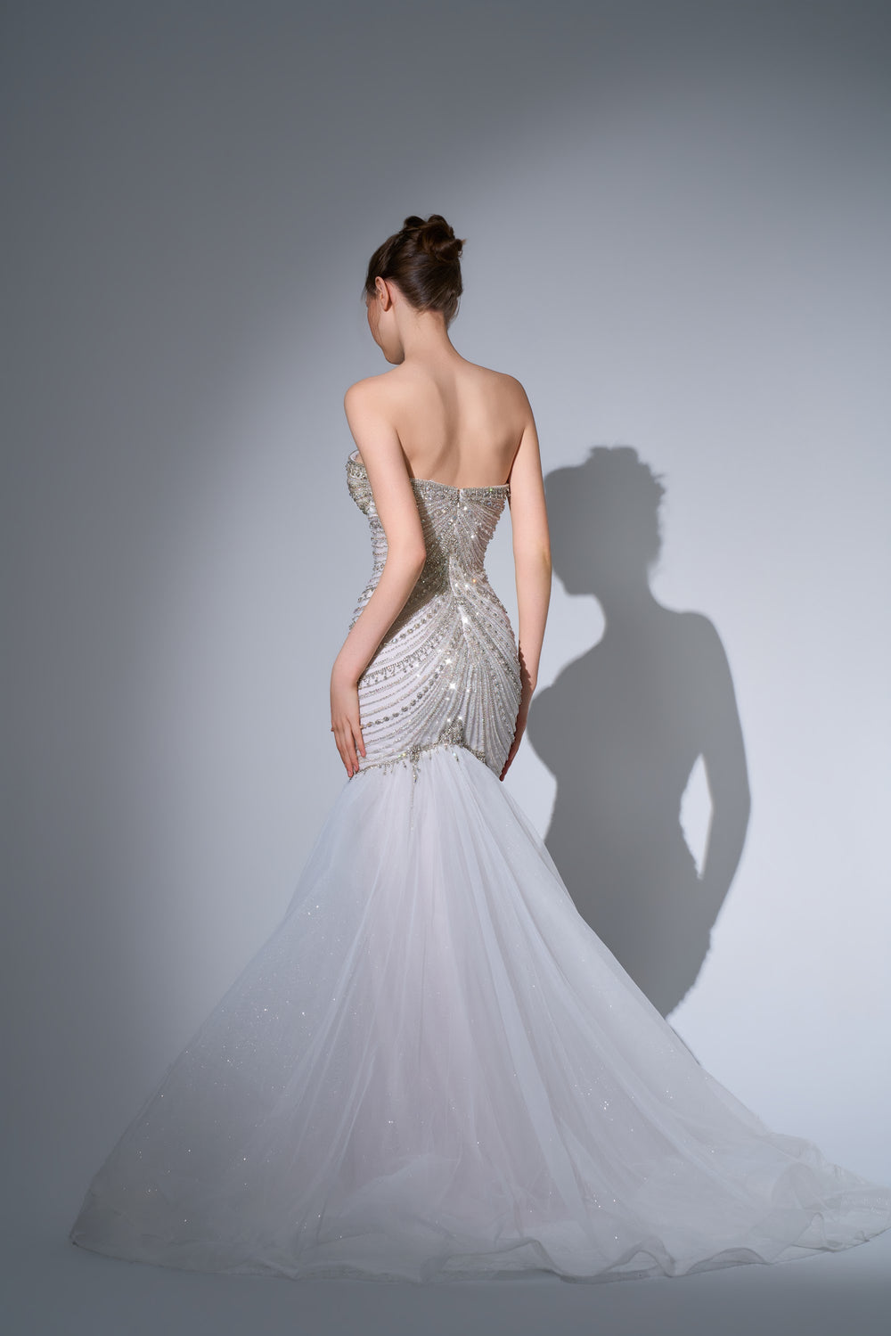 Delilah SH12065 Strapless Draped Crystal Chain Mermaid Gown with Tulle Skirt - White back view