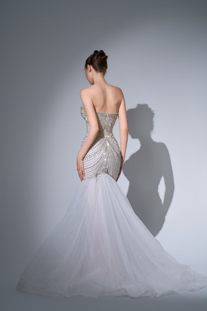 Delilah SH12065 Strapless Draped Crystal Chain Mermaid Gown with Tulle Skirt - White back view
