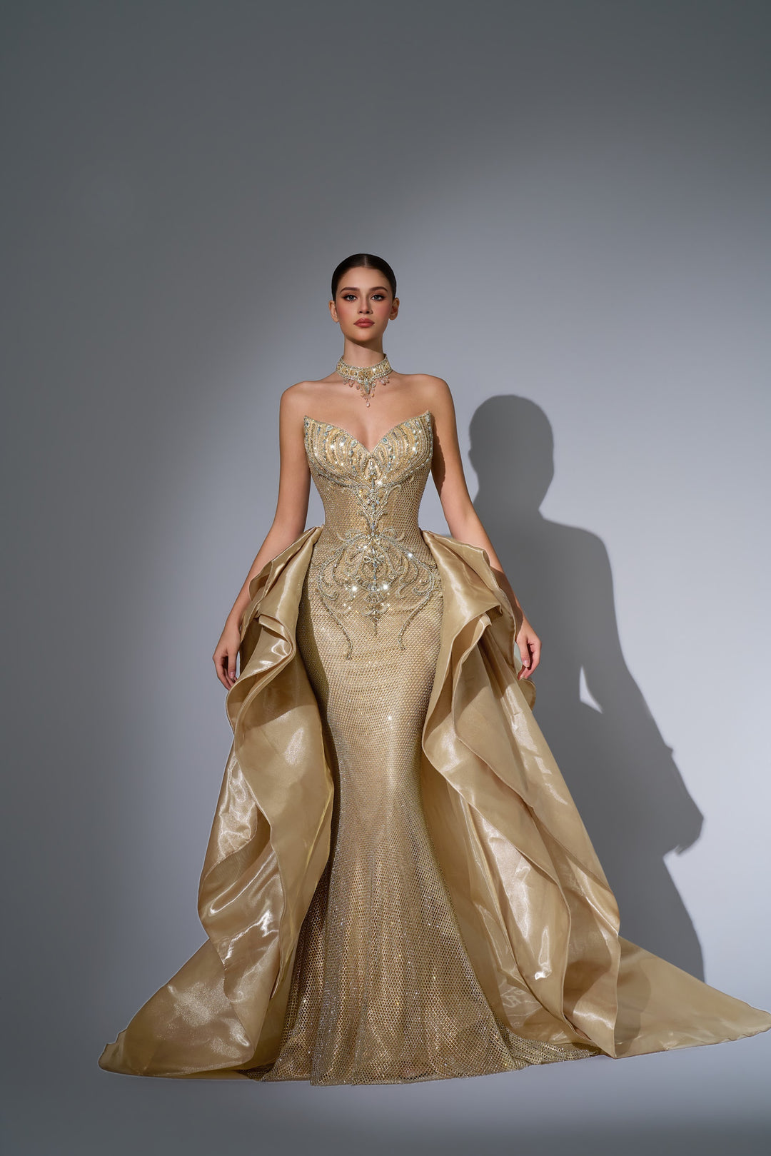 Delilah LD12102 Strapless Crystal Corset Mermaid Gown with Draped Satin Overskirt - Champagne front view