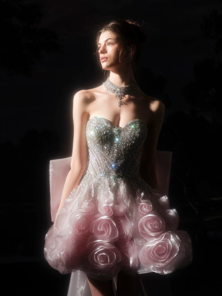 Delilah SH12068 Mini Strapless Crystal Corset Rosette Mini Dress with Bow Train - Pink close-up view