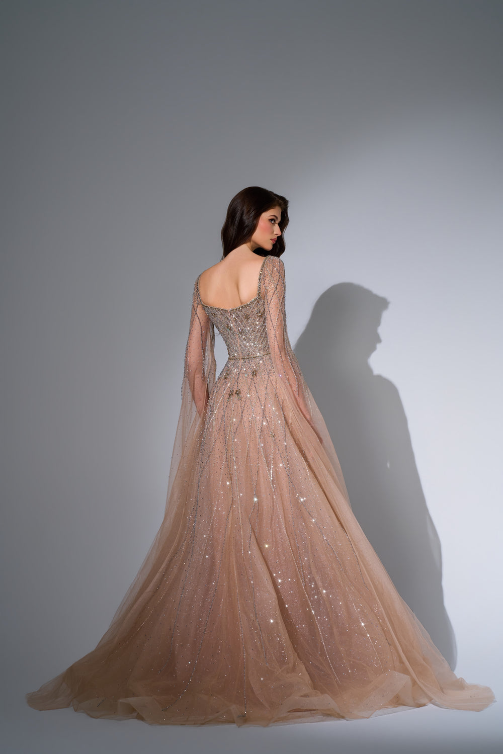 Delilah LD11676 Square Neck Cape Sleeve Beaded A-Line Gown - Champagne back view
