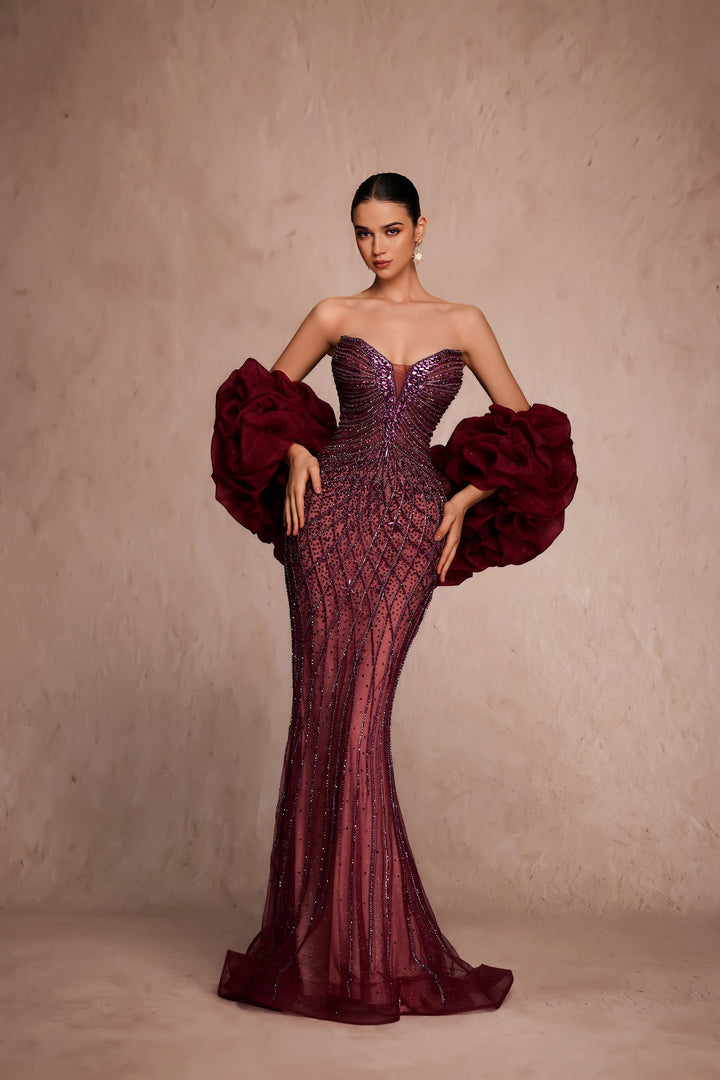 Delilah LD11466 Strapless Plunging Sweetheart Crystal Lattice Mermaid Gown with Ruffled Arm Puffs - Red front view