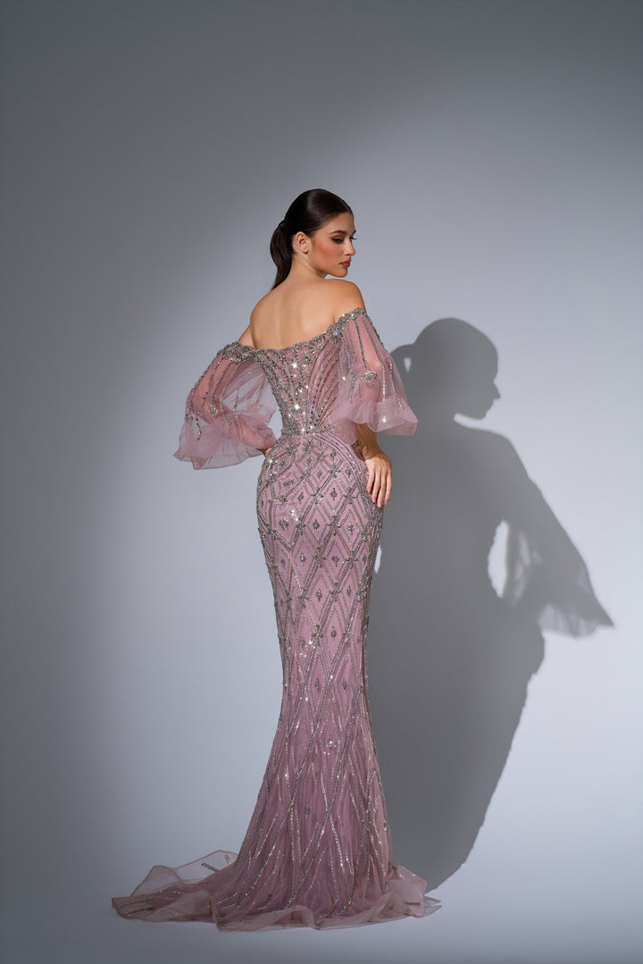 Delilah LD11622 Off-the-Shoulder Puff Sleeve Lattice Beaded Mermaid Gown with Tulle Overskirt - Pink back view