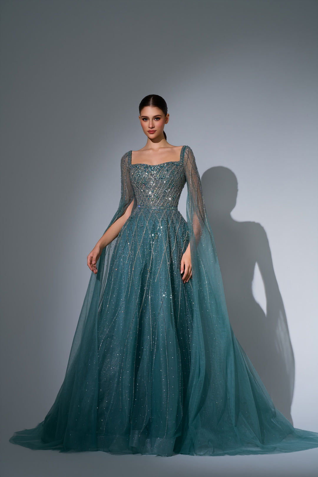 Delilah LD11676 Square Neck Cape Sleeve Beaded A-Line Gown - Green front view