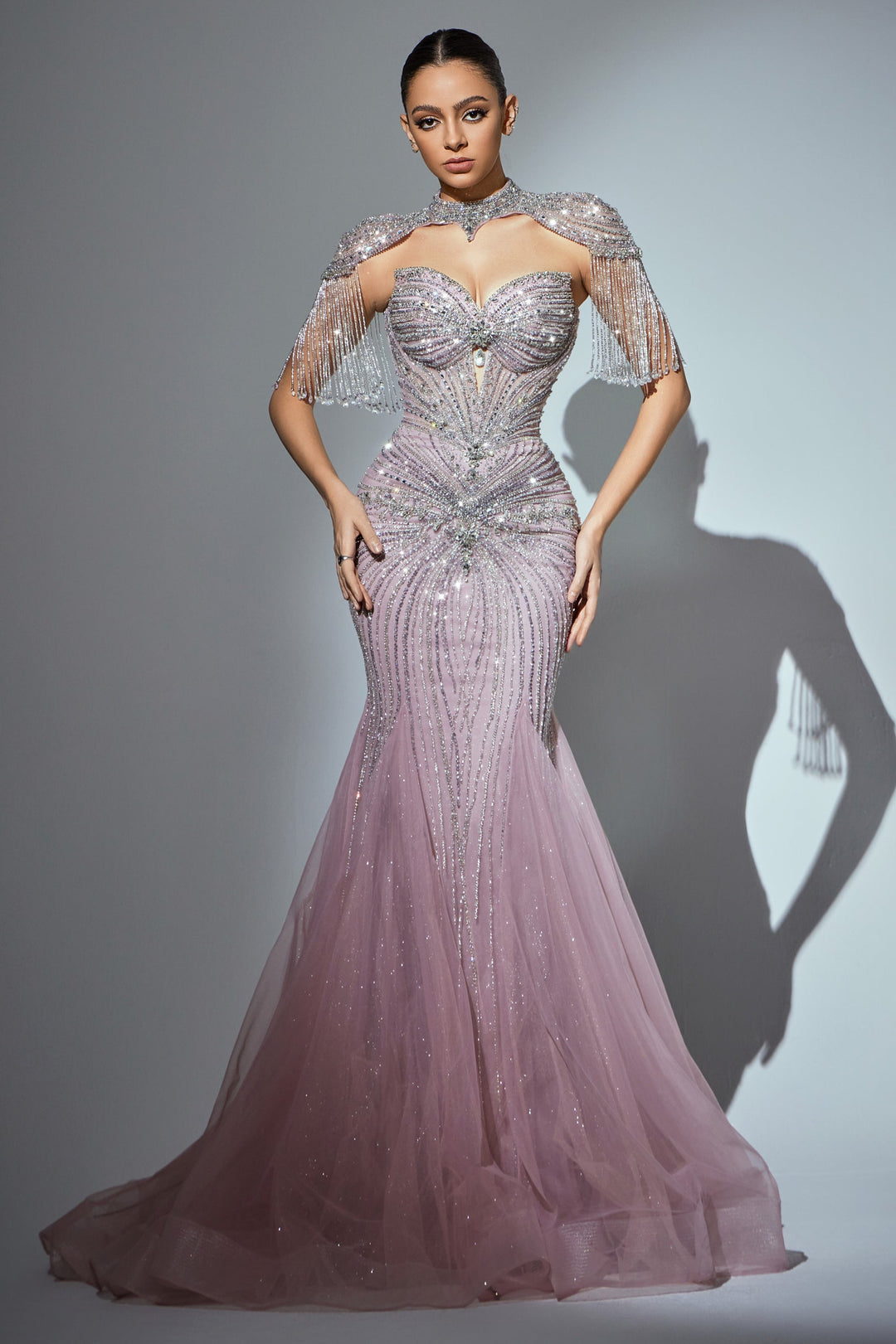 Delilah HM421 Beaded Mermaid Gown with Choker Collar, Crystal Fringe and Corset Bodice - Pink front view