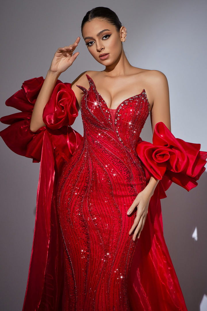 Delilah HM402 Strapless Plunging Sweetheart Beaded Mermaid Gown with Ruffled Overskirt - Red close-up view