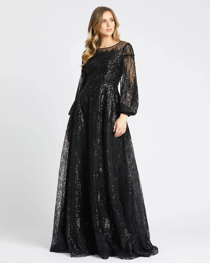 Mac Duggal 20307 Sequin Illusion Boat Neck Bishop Sleeve A-Line Gown