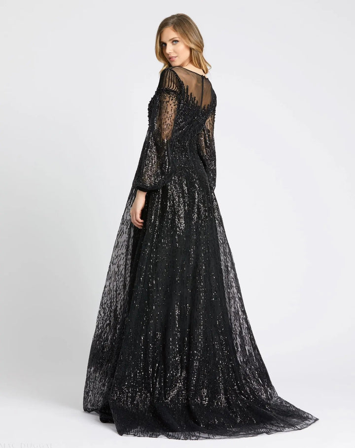 Mac Duggal 20307 Sequin Illusion Boat Neck Bishop Sleeve A-Line Gown