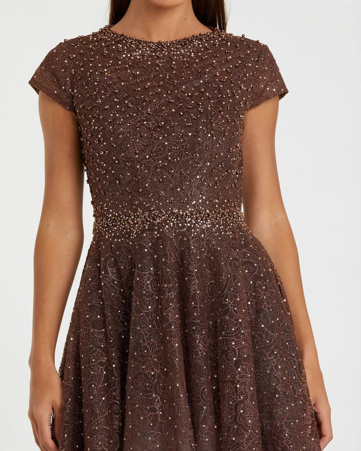 Mac Duggal 20371 Brown Embellished Cap Sleeve A Line Dress