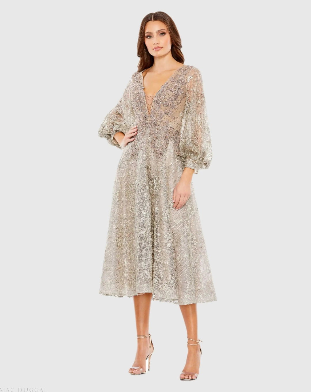 Mac Duggal 20391 Embellished Plunge Neck Bishop Sleeve Midi Dress