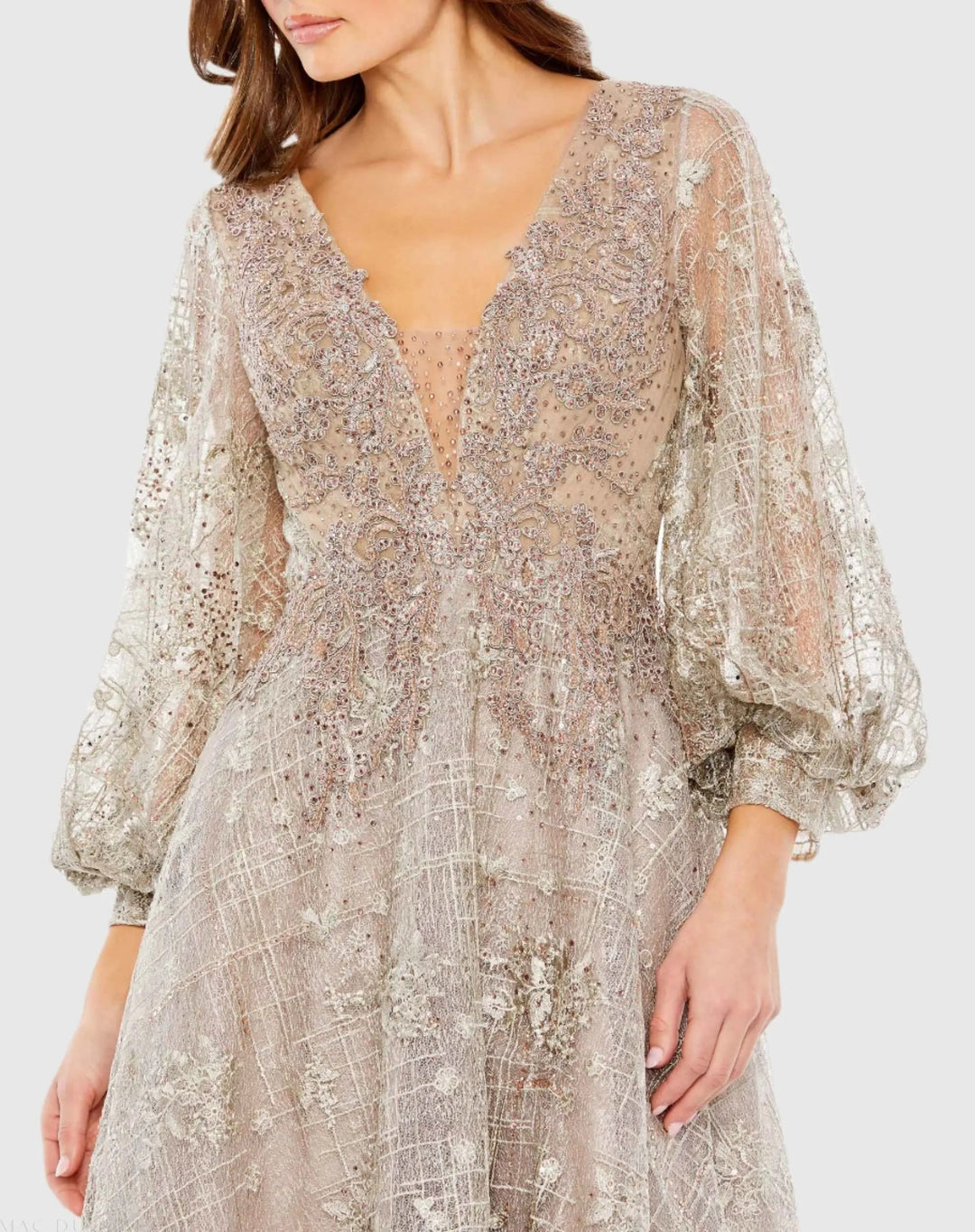 Mac Duggal 20391 Embellished Plunge Neck Bishop Sleeve Midi Dress