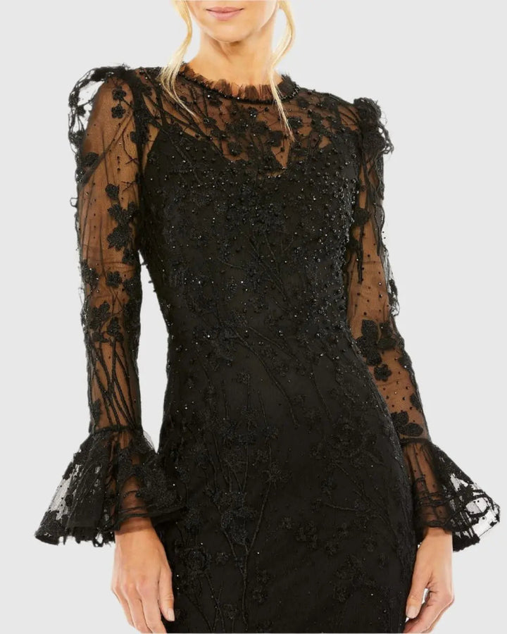 Mac Duggal 20431 Black Long Sleeve Embroidered Midi Dress