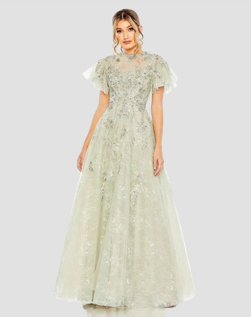Mac Duggal 20450 Embroidered Tulle Flutter Sleeve A-line Gown