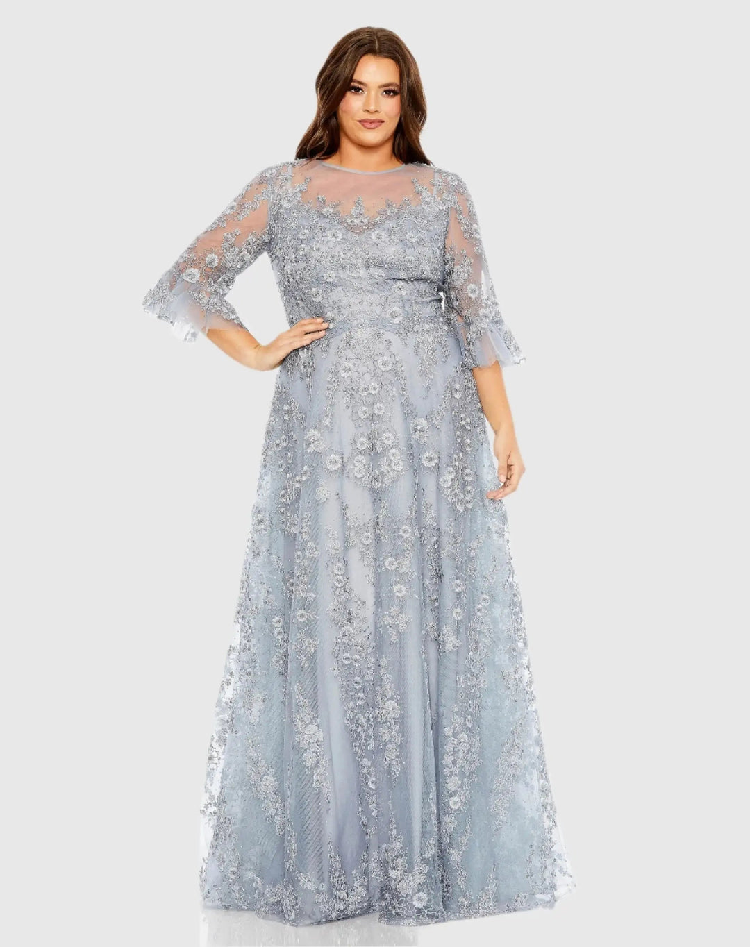 Mac Duggal 20471 High Neck Flutter Sleeve Embroidered A Line Gown