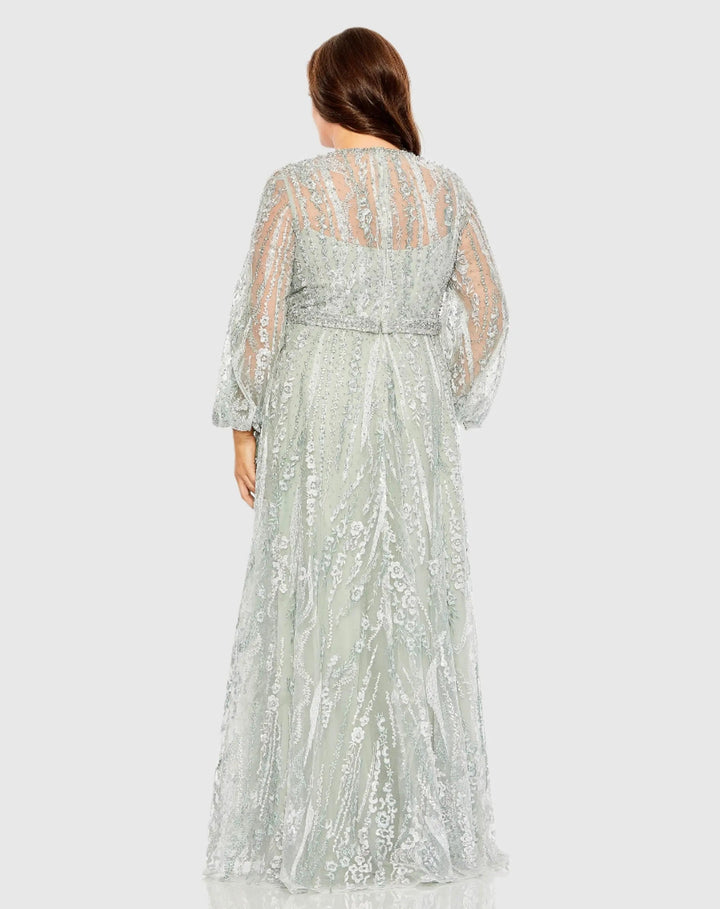 Mac Duggal 20472 V Neck Puff Sleeve Embroidered A Line Gown