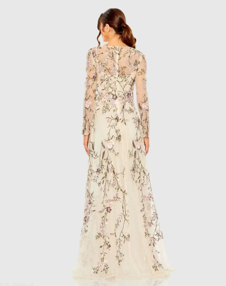 Mac Duggal 20480 V-Neck Long Sleeve Embroidered A-Line Floral Gown