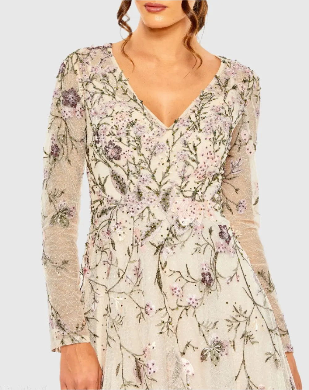 Mac Duggal 20480 V-Neck Long Sleeve Embroidered A-Line Floral Gown
