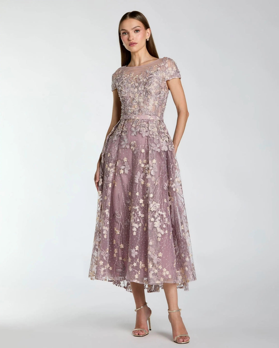 Mac Duggal 20502 Purple Embroidered Cap Sleeve High Neck Midi Dress