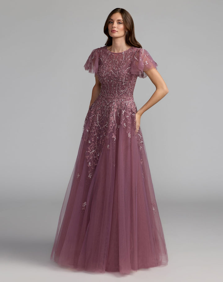 Mac Duggal 20507 Embroidered Tulle Flutter Sleeve Formal Gown