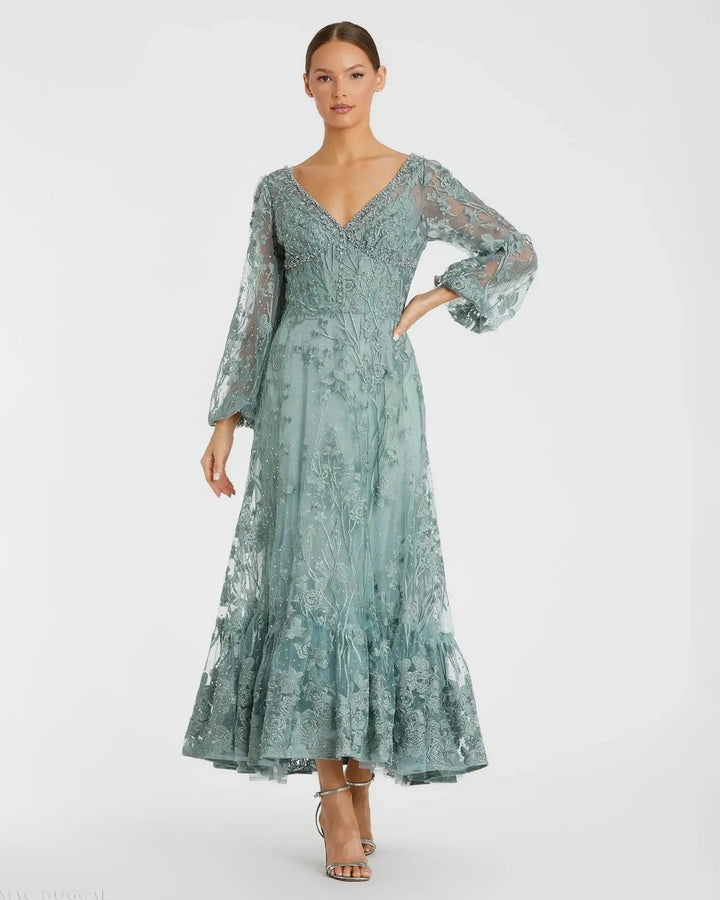 Mac Duggal 20512 Green V-Neck Embroidered A-line Tea Length Dress