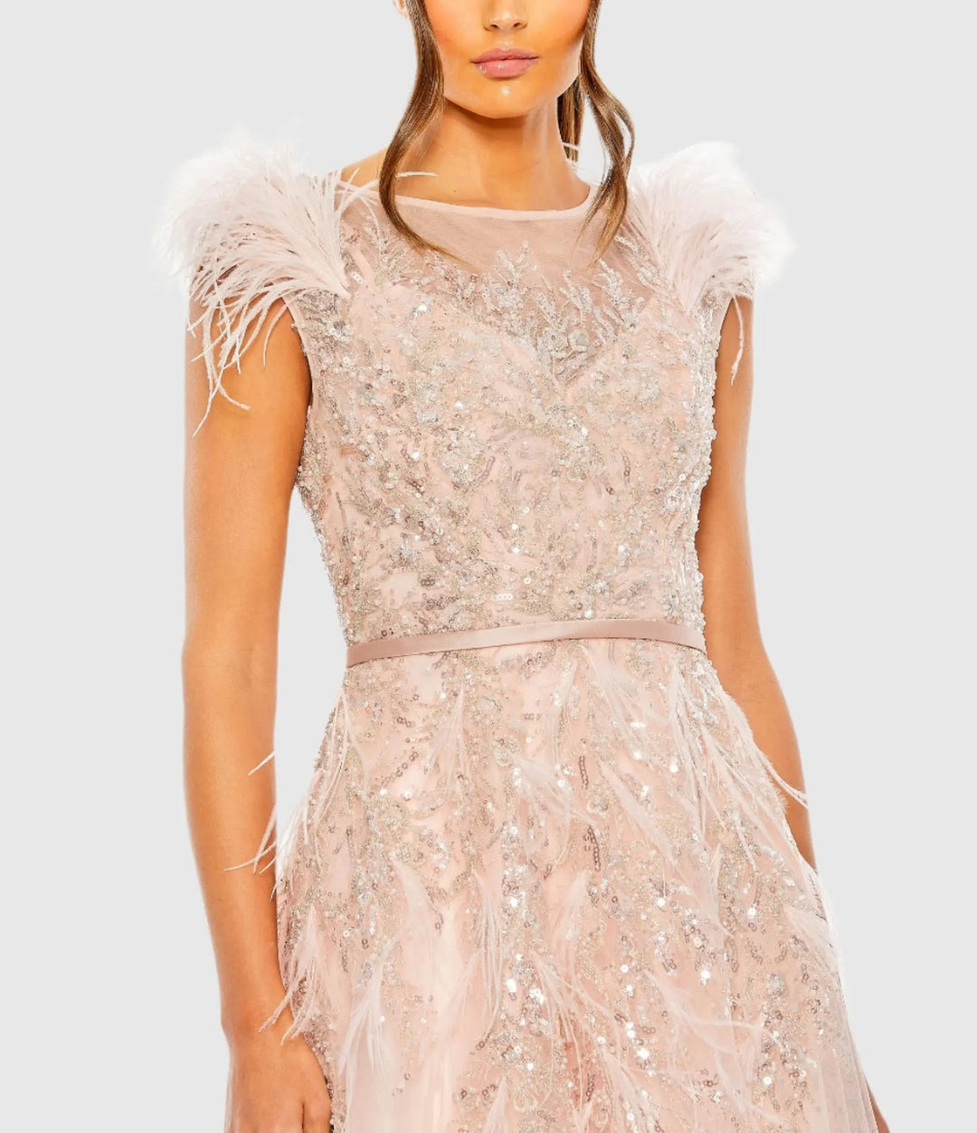 Mac Duggal 20520 High Neck Feather Detail Beaded Gown